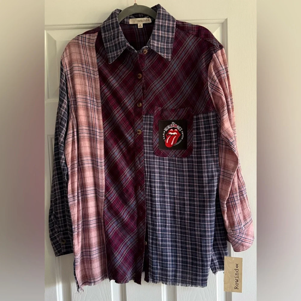 Upcycled The Rolling Stones Graphic Tee On REWIND Lightweight Flannel Shirt Sz M - Picture 3 of 8